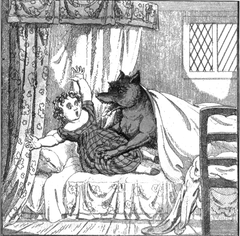 Wolf disguised as Grandma surprises Little Red Riding Hood
