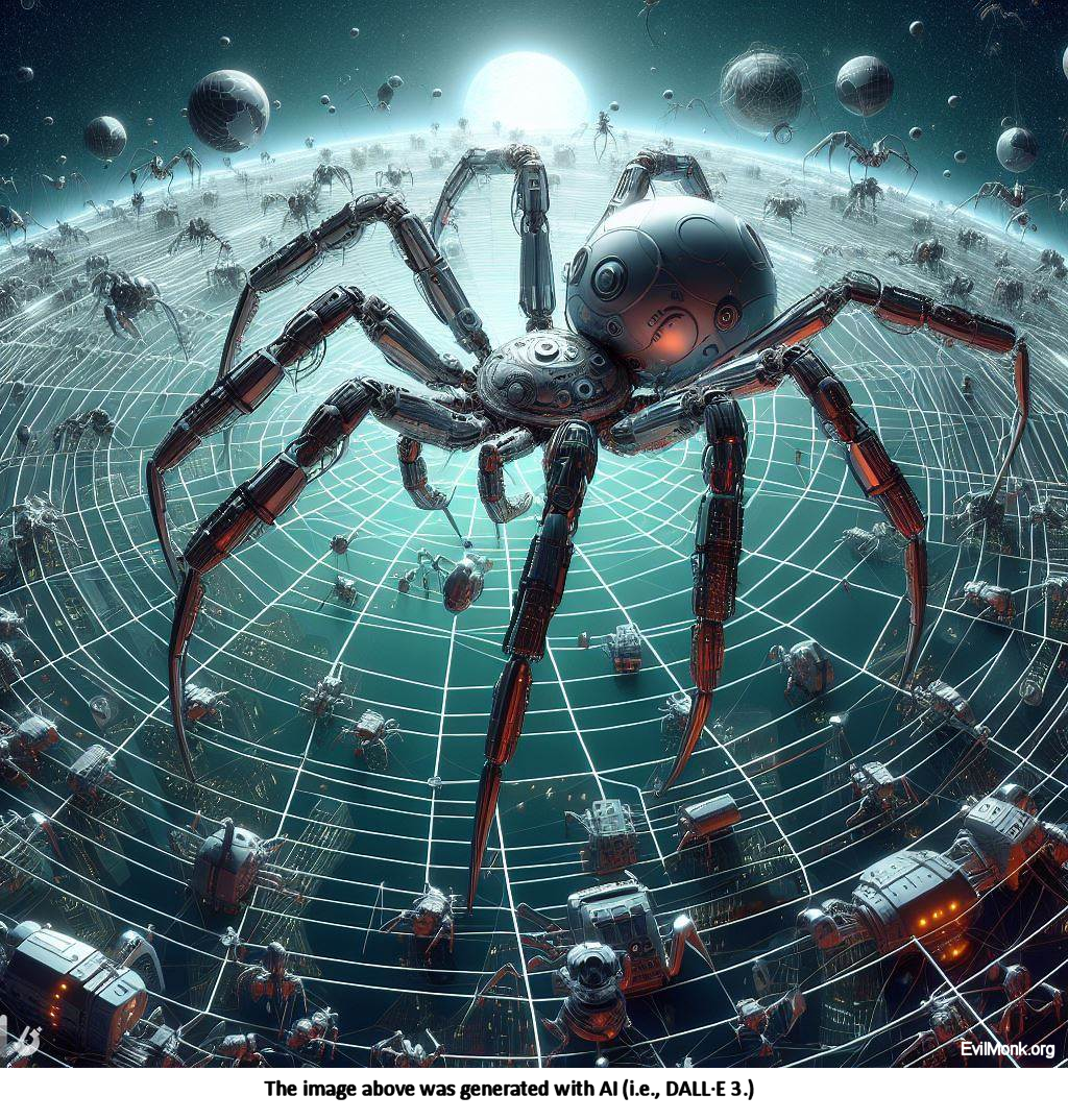Robots crawl over a world wide web being spun by Iktómi, a spider-trickster spirit in Lakota mythology