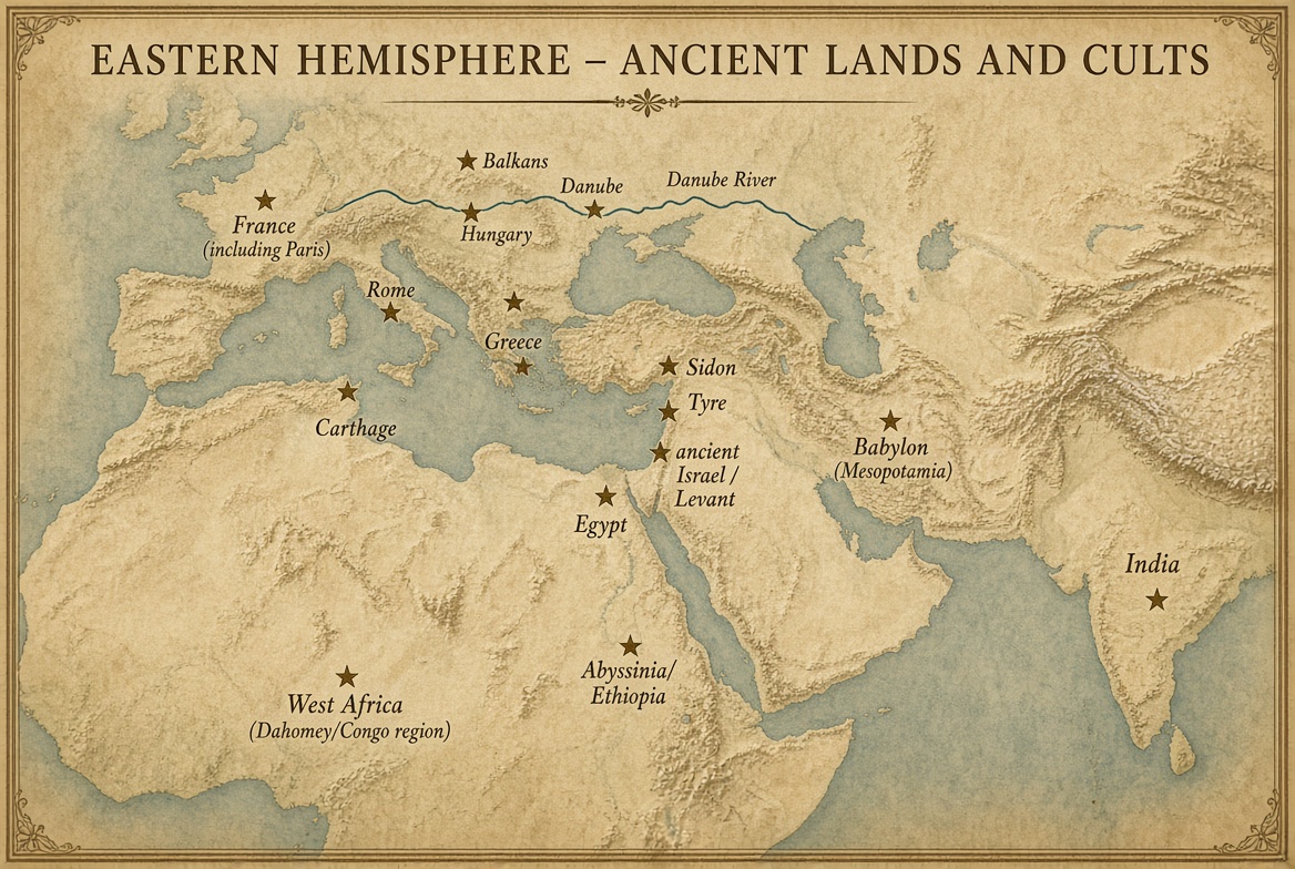A map of the Eastern Hemisphere showing the progress of the cult as described by Dr. Kachele.