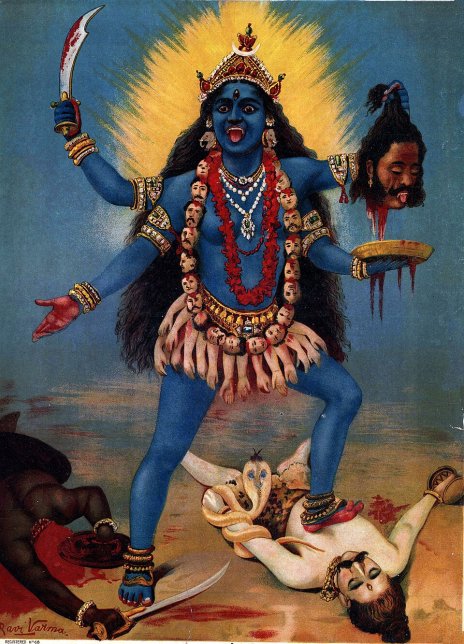 Kali trampling Shiva. Chromolithograph by Raja Ravi Varma