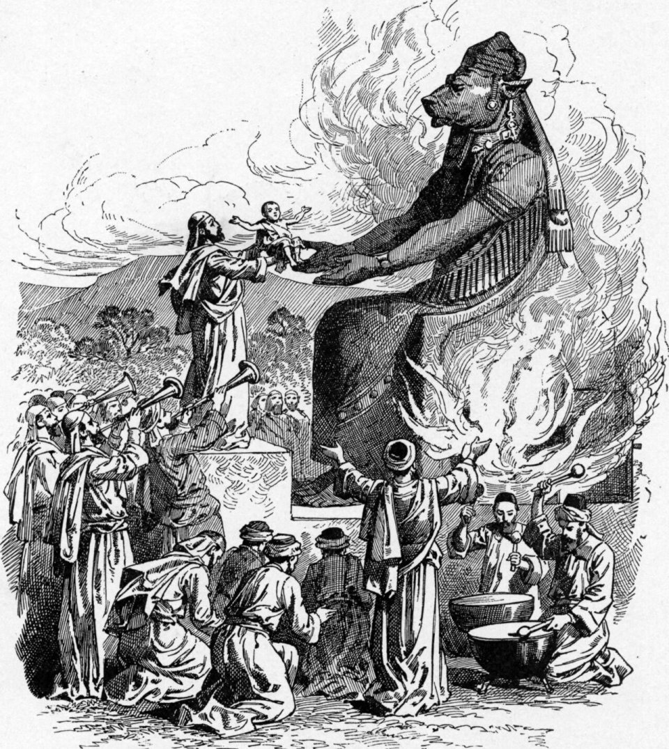 Hebrew child sacrifice to the god Moloch.  Line drawing.