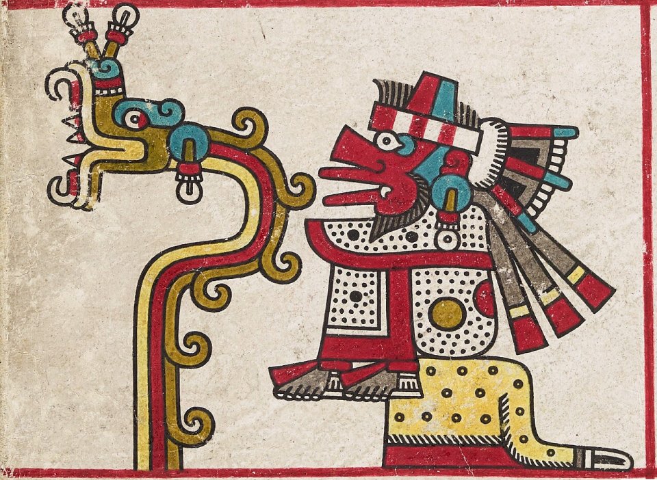 Quetzalcoatl in two forms. From Codex Laud, a pre-Hispanic Mexican manuscript.