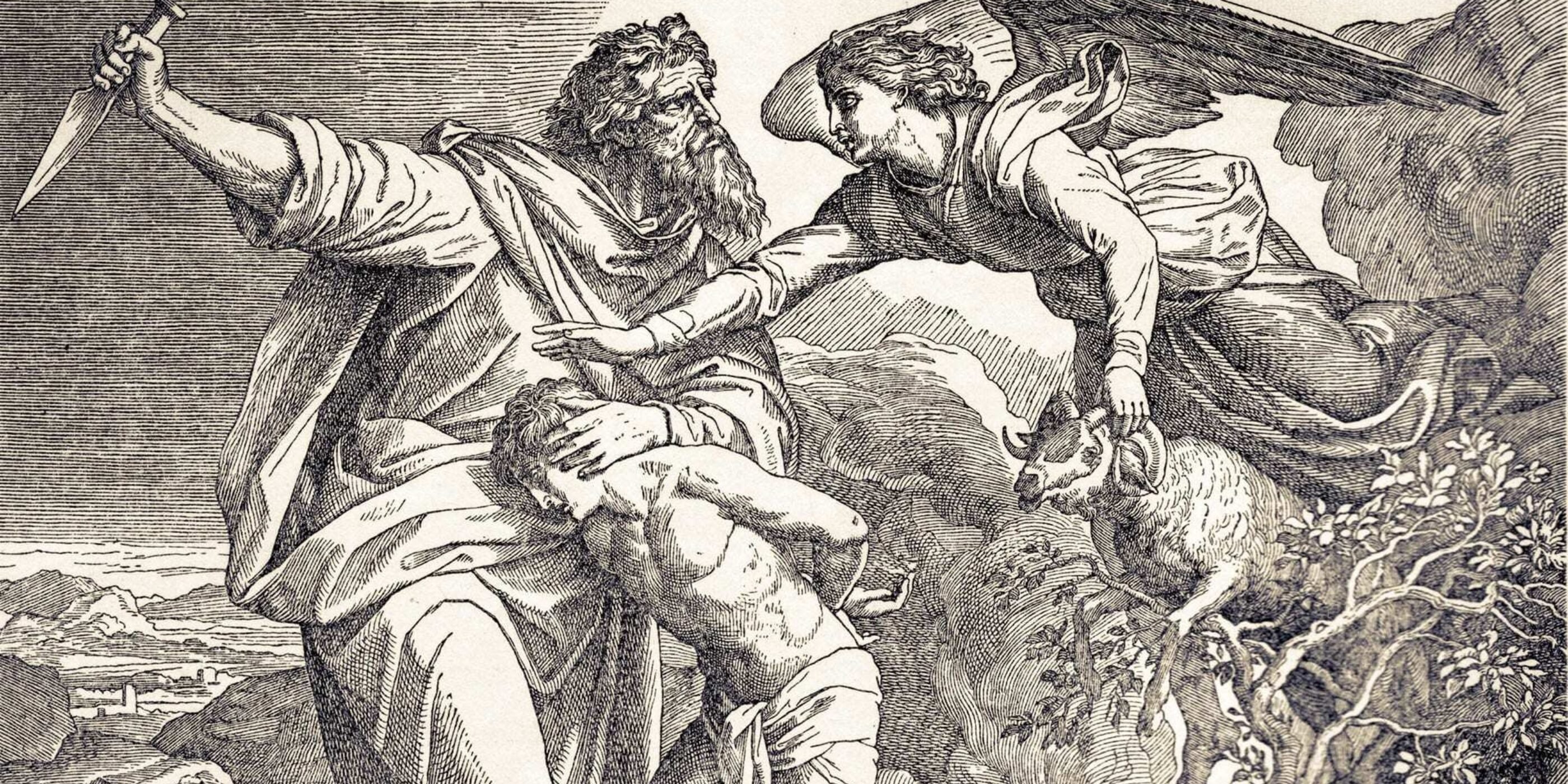 An angel stopping Abraham from sacrificing of Isaac. Line drawing